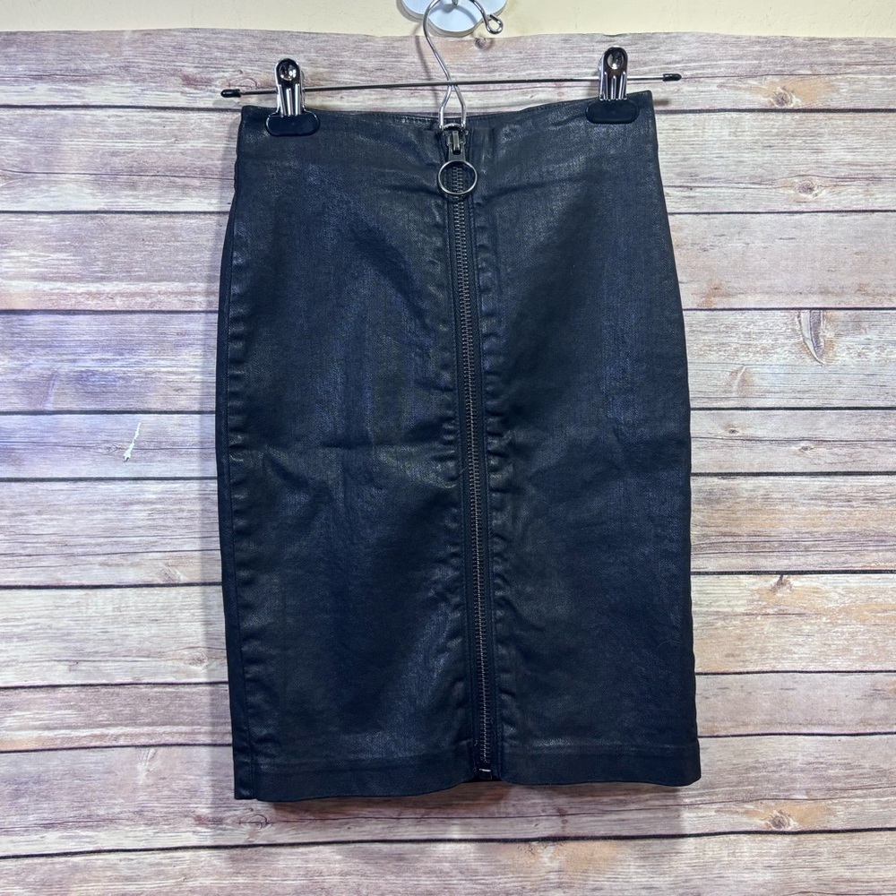All Saints Coated Black Denim Skirt Front Zipper Black Pencil Size 00